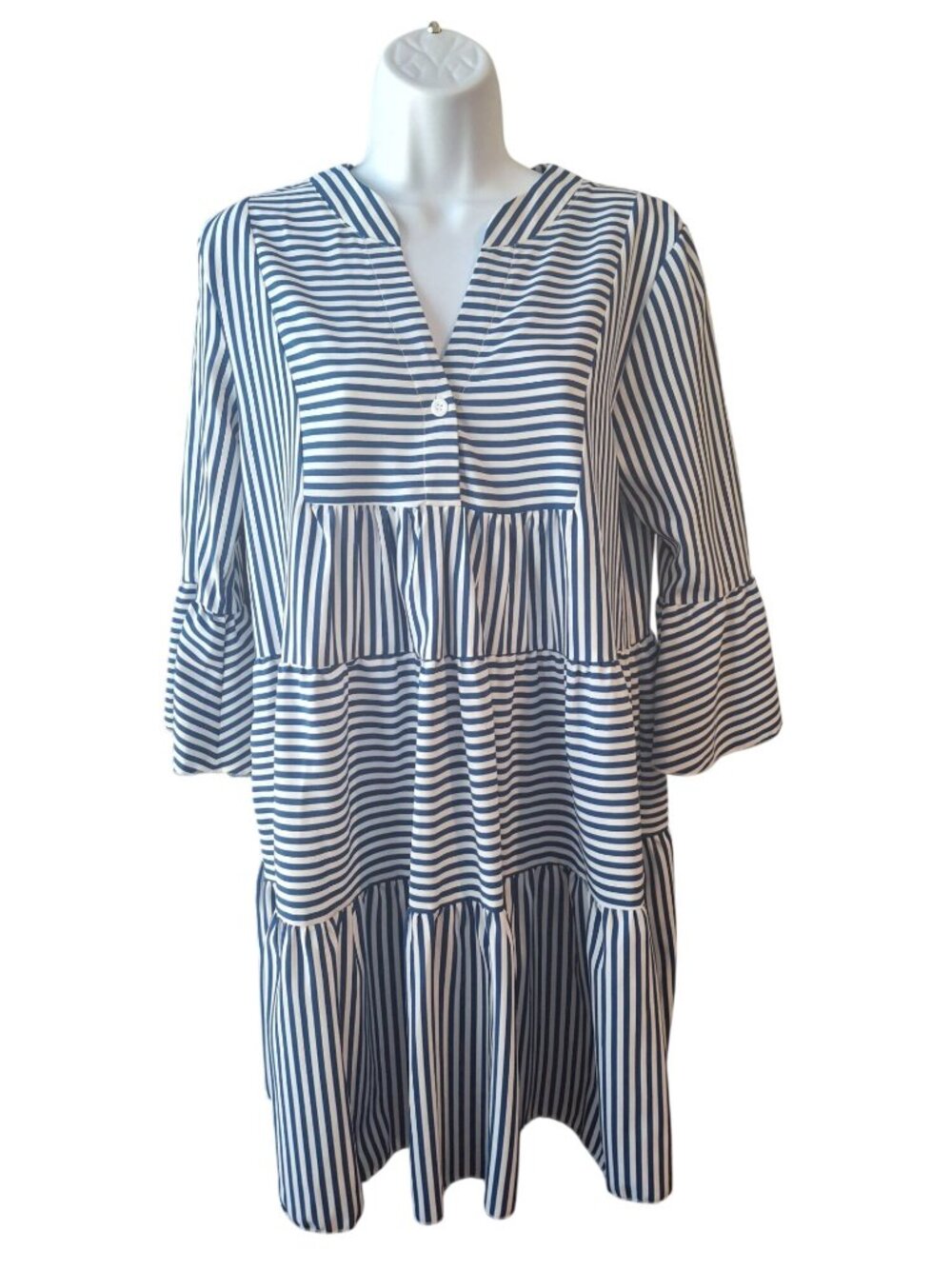 SHEIN Womens M Blue White Stripe Tiered Mini Dress Coastal Preppy Bell Sleeve
